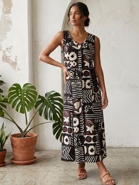 Mango Moon Vintage 90s Brown Black Cream Geometric Maxi Dress Large